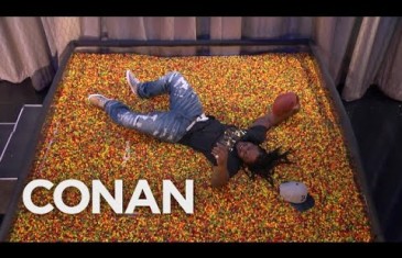 Marshawn Lynch dives into an endzone full of skittles!