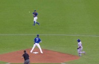 Rare Play: Devon Travis backs up Reyes after an overthrow