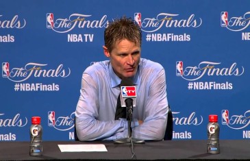 Steve Kerr covered in champagne for post game press conference