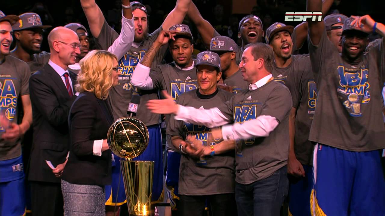 The Golden State Warriors receive the 2015 Championship Trophy