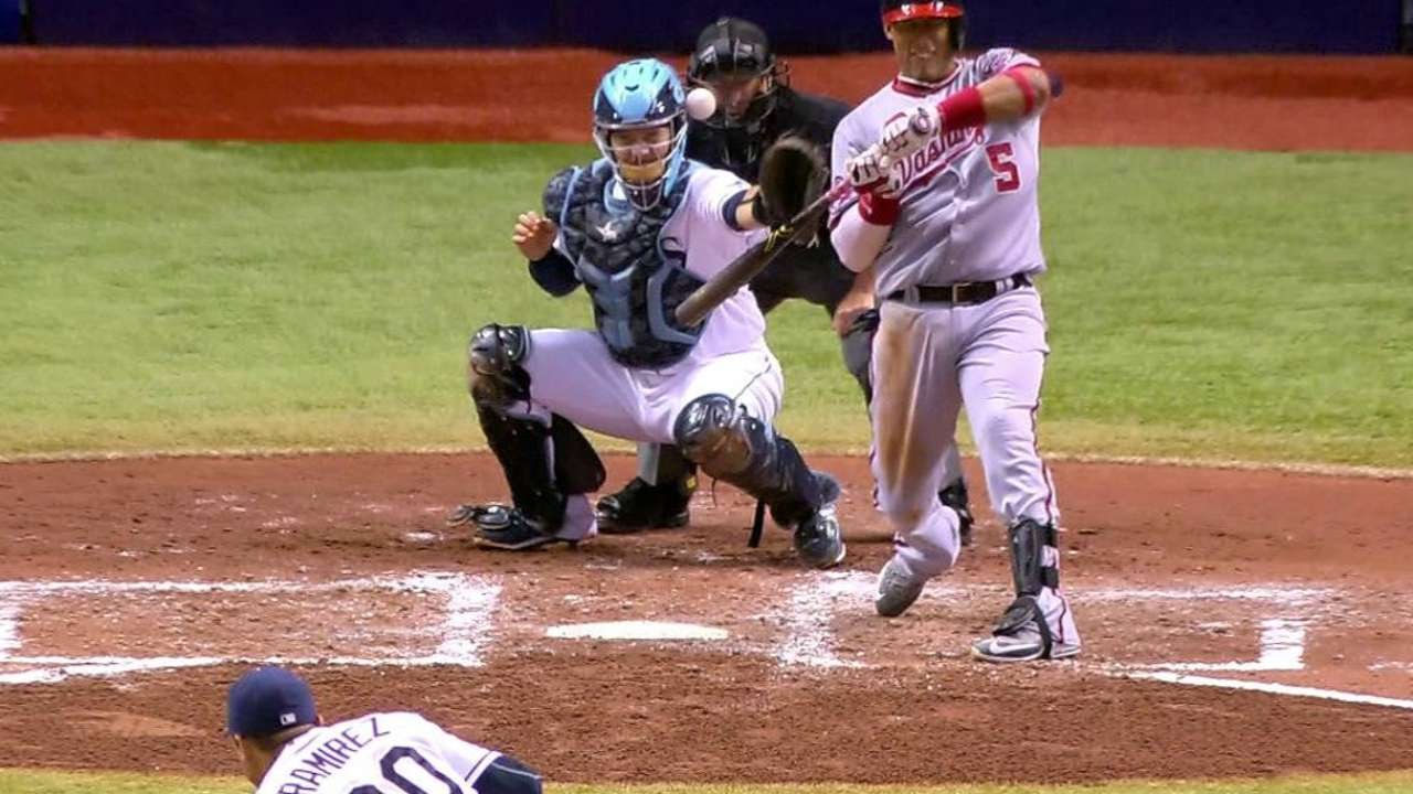 Trio Hit By Bitch: Ball hits Yunel Escobar, catcher Rene Rivera & the umpire
