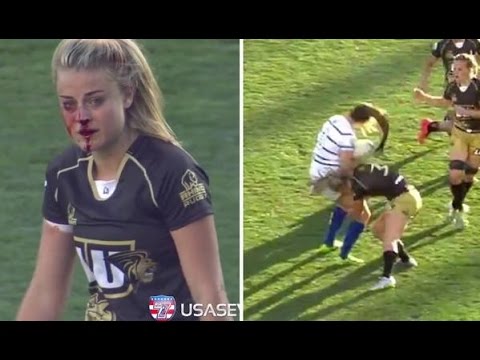 Women's rugby player Georgia Page breaks her nose but finishes her tackles