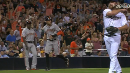 San Diego Padres pitcher throws his gum at Hector Sanchez after grand slam