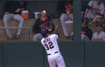 Aaron Hicks goes Willie Mays for the over the shoulder no look grab