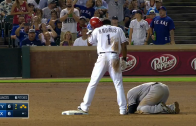 Ball Shot: Elvis Andrus hits Didi Gregorius right in the groin on slide