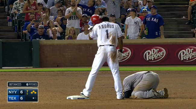 Ball Shot: Elvis Andrus hits Didi Gregorius right in the groin on slide