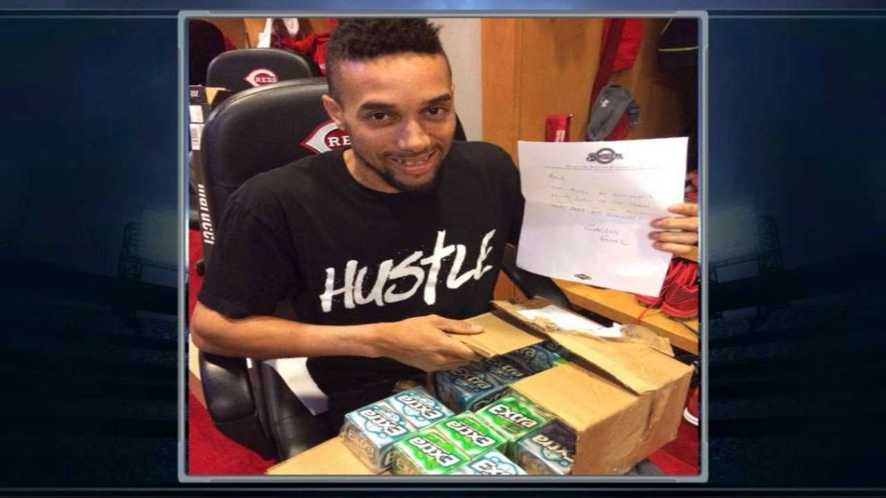 Carlos Gomez gifts Billy Hamilton a case of gum as a possible NL Central parting gift