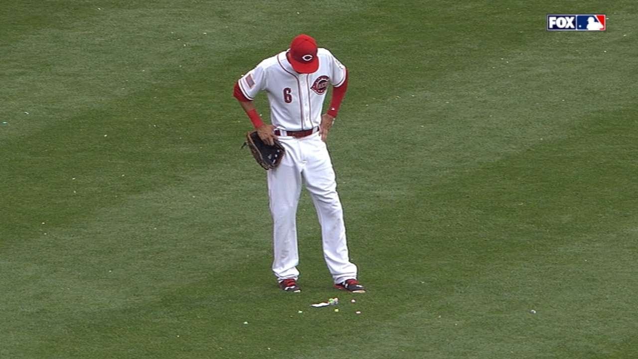 Carlos Gomez leaves a message & gum supply for Billy Hamilton in center field
