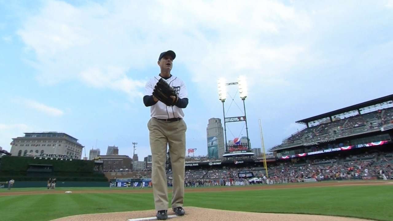 Jim Harbaugh throws out first pitch in Detroit