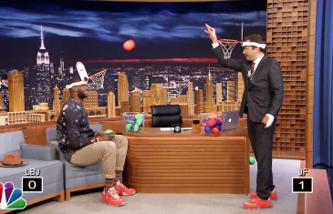 Jimmy Fallon & LeBron James play “Faceketball” with mini-baskets on their heads