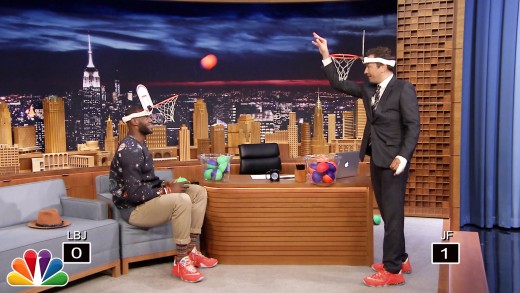 Jimmy Fallon & LeBron James play “Faceketball” with mini-baskets on their heads