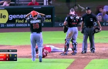 Jose Fernandez hits David Peralta in the head with Fastball