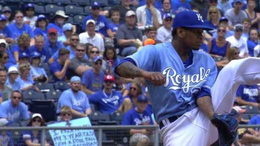 Yordano Ventura kicks a ball to second base for the out