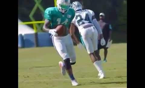 Dolphins WR Jarvis Landry goes behind the back on a juke with the football