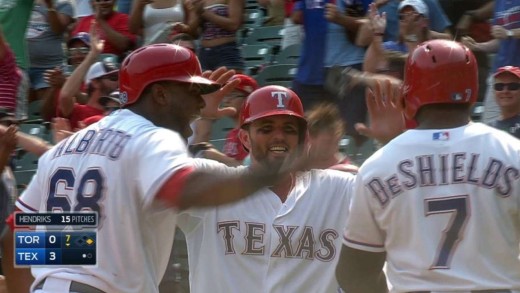 Jose Bautista muffs ball turning into a Delino DeShields little league homer