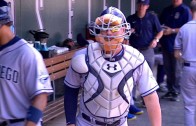 Prepared This Time: Yonder Alonso wears full catchers gear in the dugout