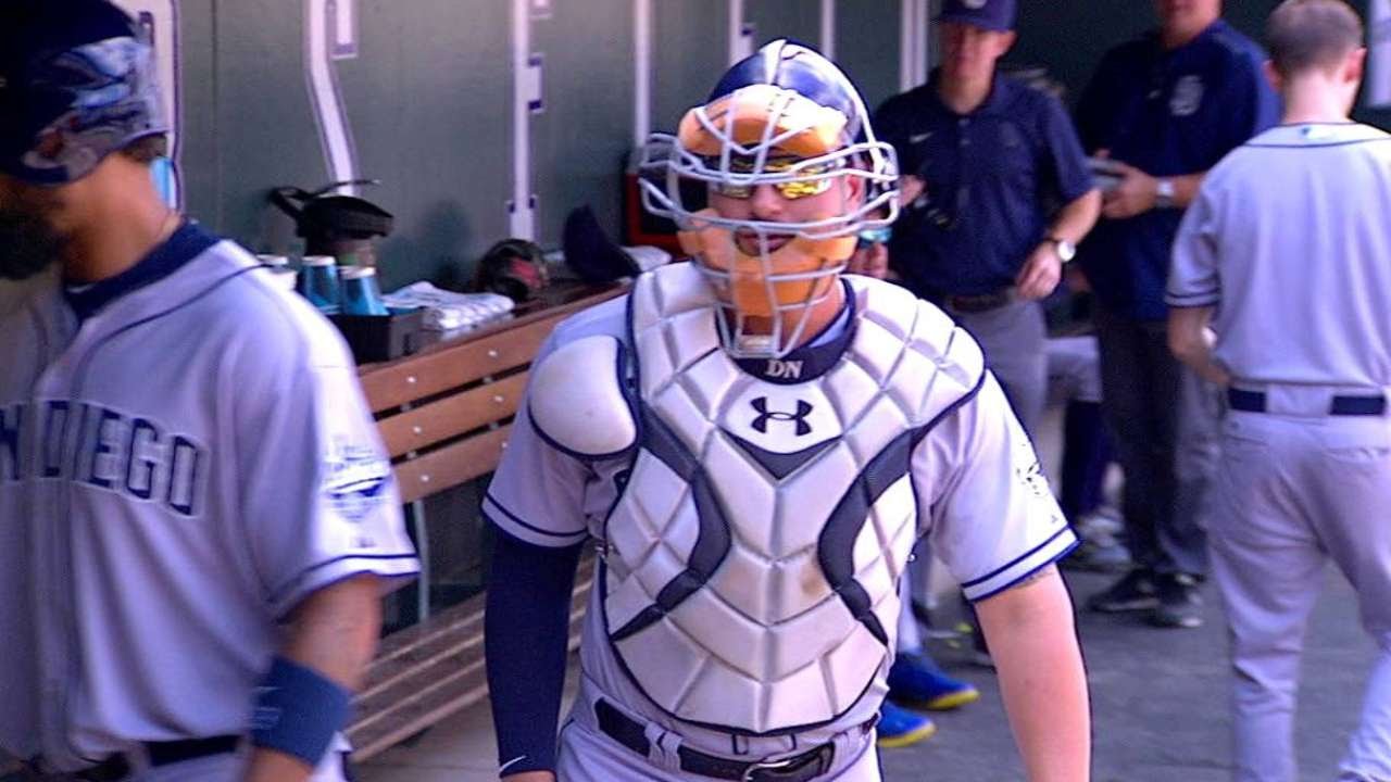 Prepared This Time: Yonder Alonso wears full catchers gear in the dugout