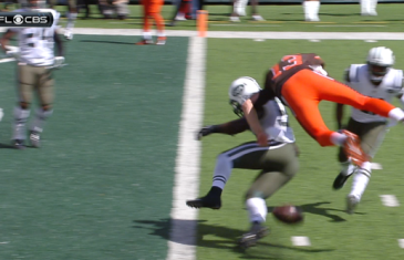 Browns QB Josh McCown gets blasted into a helicopter fumble