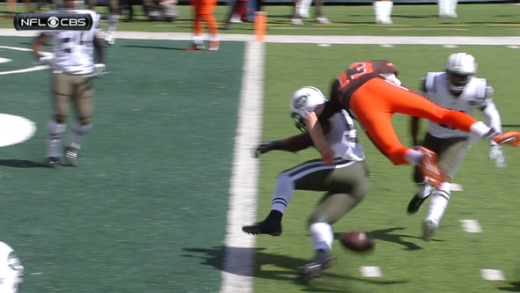 Browns QB Josh McCown gets blasted into a helicopter fumble