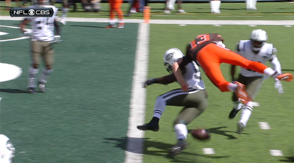 Browns QB Josh McCown gets blasted into a helicopter fumble