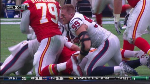 JJ Watt gets helmet knocked off & still manages to record the sack