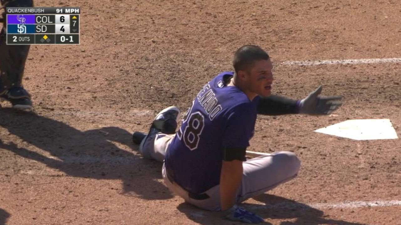 Bad Call? Nolan Arenado falls down from high heater & gets called for the strike
