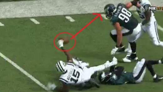 Bonehead Play: Brandon Marshall laterals after making a catch causing fumble