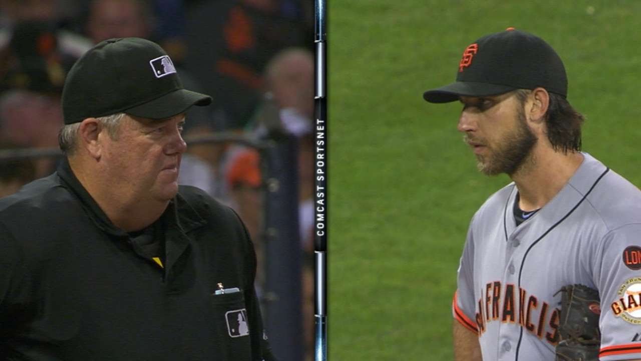 Madison Bumgarner & umpire Joe West have a epic stare-down