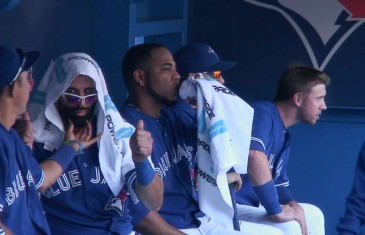 Munenori Kawasaki & Jose Bautista clowning in the dugout