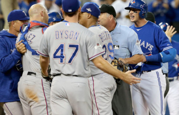 Rangers pitcher Sam Dyson taps Troy Tulowitzki causing benches to clear again
