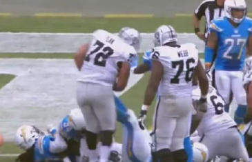 Chargers’ Corey Liuget kicks Raiders’ Donald Penn in the stomach