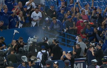 Blue Jays players soak fans with champagne