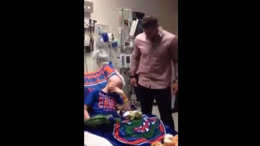 Tim Tebow visits a young Florida Gators fan with leukemia