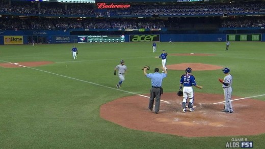 Insanity: Rougned Odor is awarded home after Martin throw hits bat