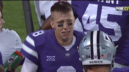 Kansas State quarterback Joe Hubener cries after costly fumble