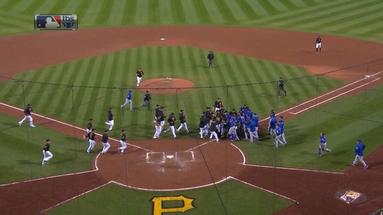 Pirates & Cubs benches clear after Jake Arrieta beamed!