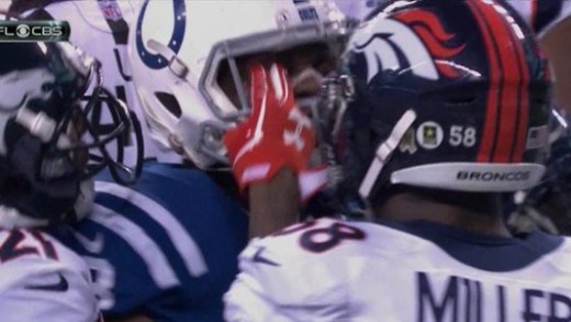 Aqib Talib pokes Dwayne Allen in the eye