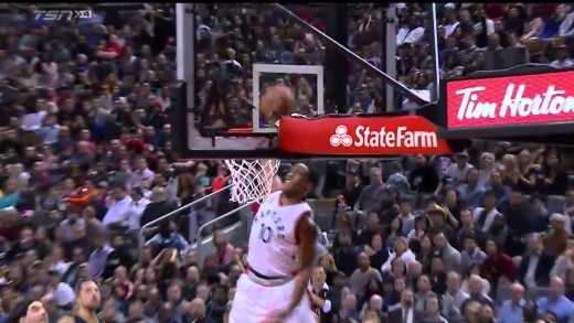 DeMar DeRozan throws down the vicious alley-oop