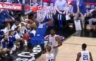 Kentucky basketball player Alex Poythress gets his teeth stuck in the net