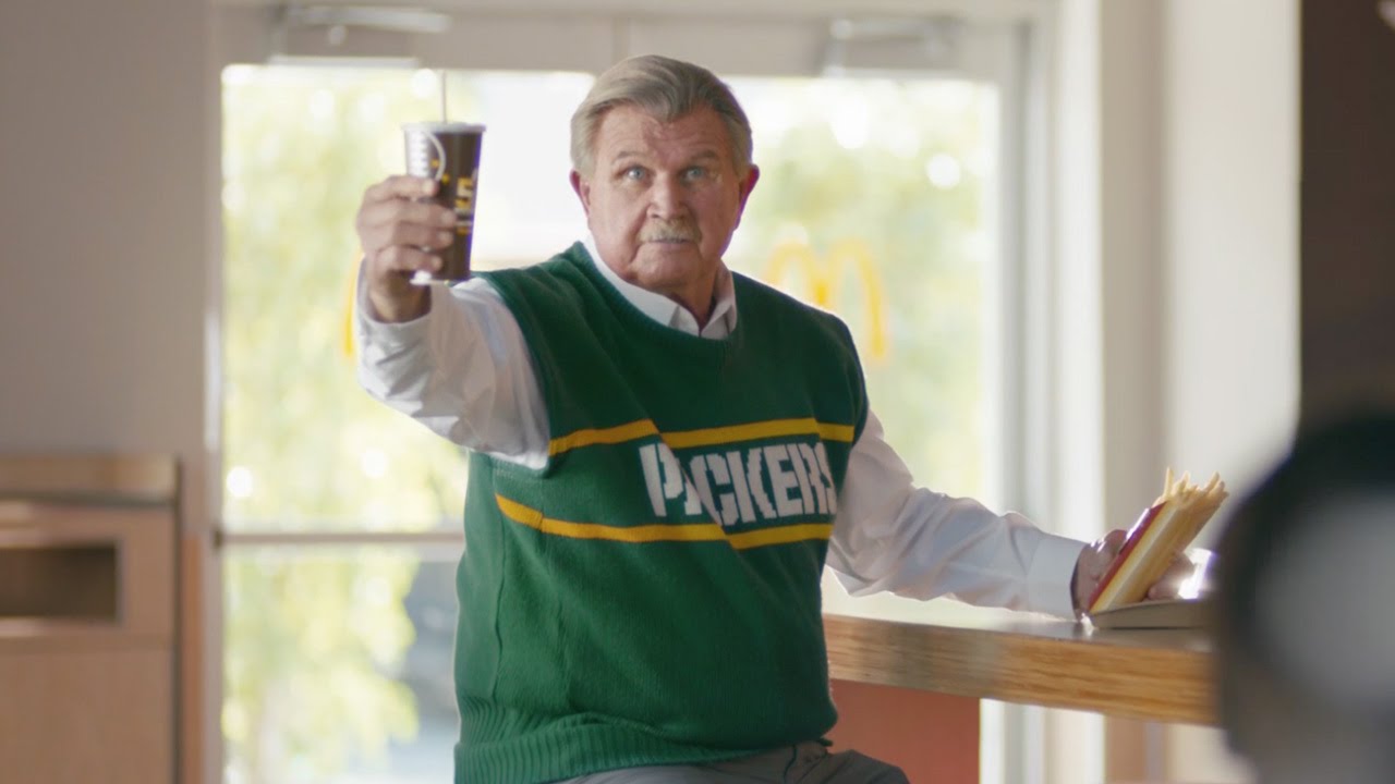 Mike Ditka wears Green Bay Packers attire in McDonald's commercial