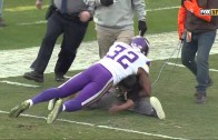 Vikings safety Antone Exum helps to tackle fan on the field