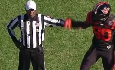 Virginia Tech DE Dadi Nicolas yells & makes contact with a ref