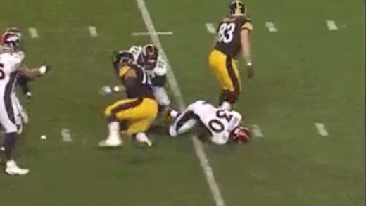 Steelers center Cody Wallace with a late bone breaking hit on David Bruton