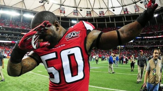 Falcons linebacker O’Brien Schofield dabs on the Carolina Panthers