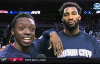 Andre Drummond stares into the camera during Reggie Jackson interview