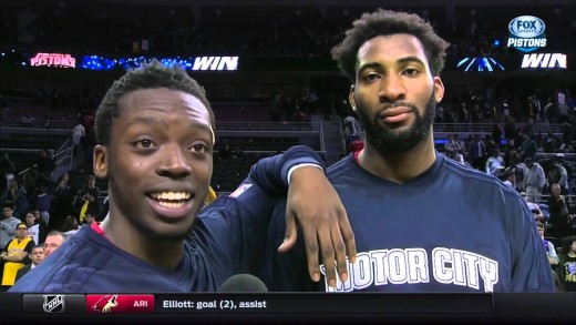 Andre Drummond stares into the camera during Reggie Jackson interview