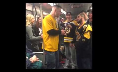 Boston Bruins fans fight each other on the train