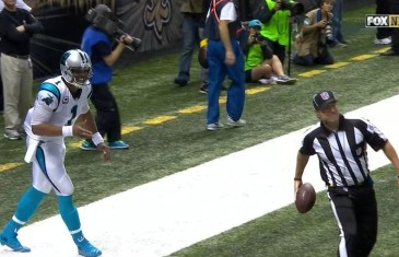 Ref tries to stop Cam Newton from giving TD ball to a fan