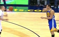 Andrew Bogut whips a basketball right off Nikola Jokic’s face