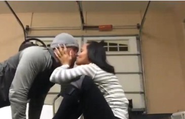 Angels pitcher Hector Santiago does push up kisses with his wife